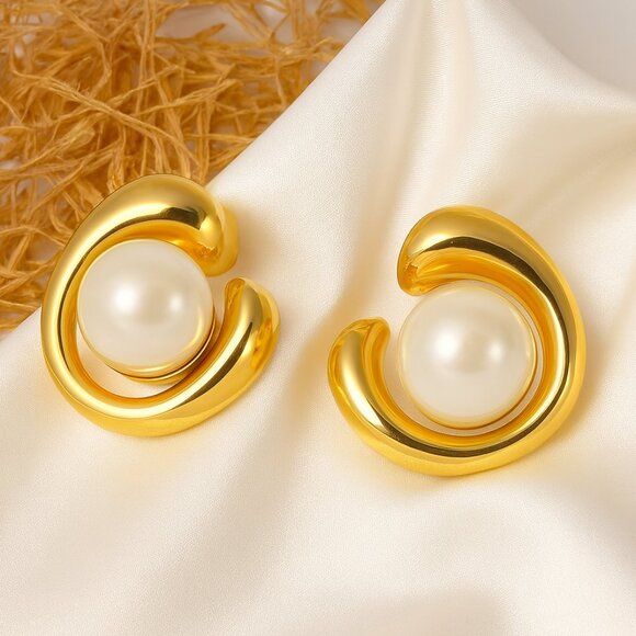 πModern Classic 18K Gold Plated Faux Pearl Earrings | Dainty Chic Minimalist - Picture 4 of 10